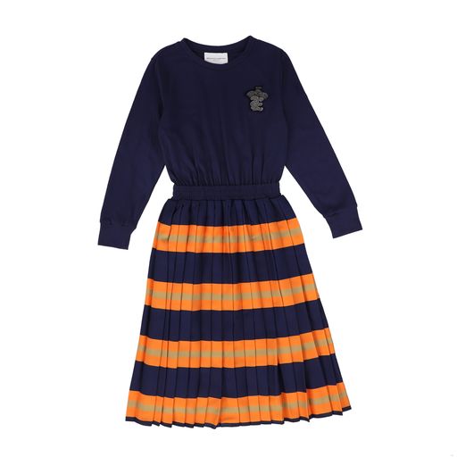 ERMANO SCERVINO NAVY STRIPED PLEATED LOGO DRESS [Final Sale]