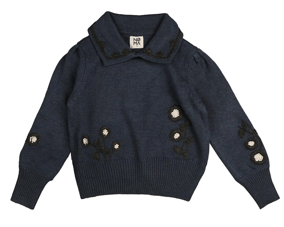 NOMA DUSKY BLUE EMBROIDERED FLORAL KNIT SWEATER
