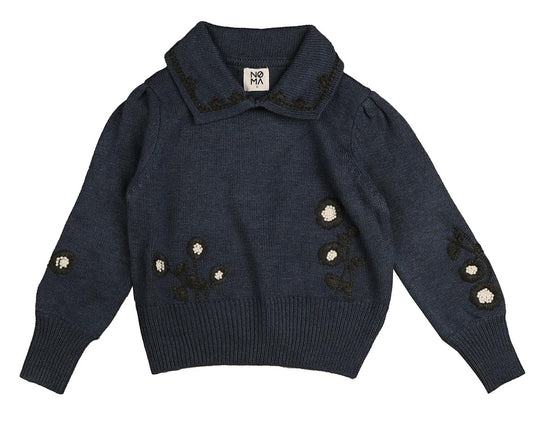 NOMA DUSKY BLUE EMBROIDERED FLORAL KNIT SWEATER