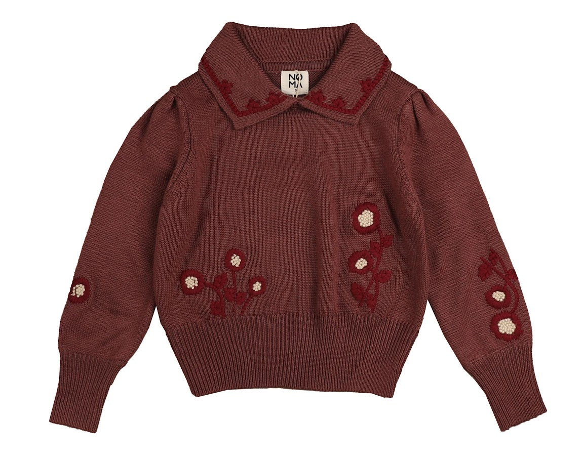 NOMA BURGUNDY EMBROIDERED FLORAL KNIT SWEATER