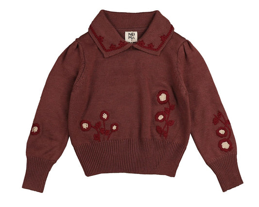 NOMA BURGUNDY EMBROIDERED FLORAL KNIT SWEATER