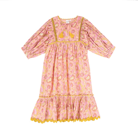 YO BABY PINK FLORAL TASSLE TRIM DRESS