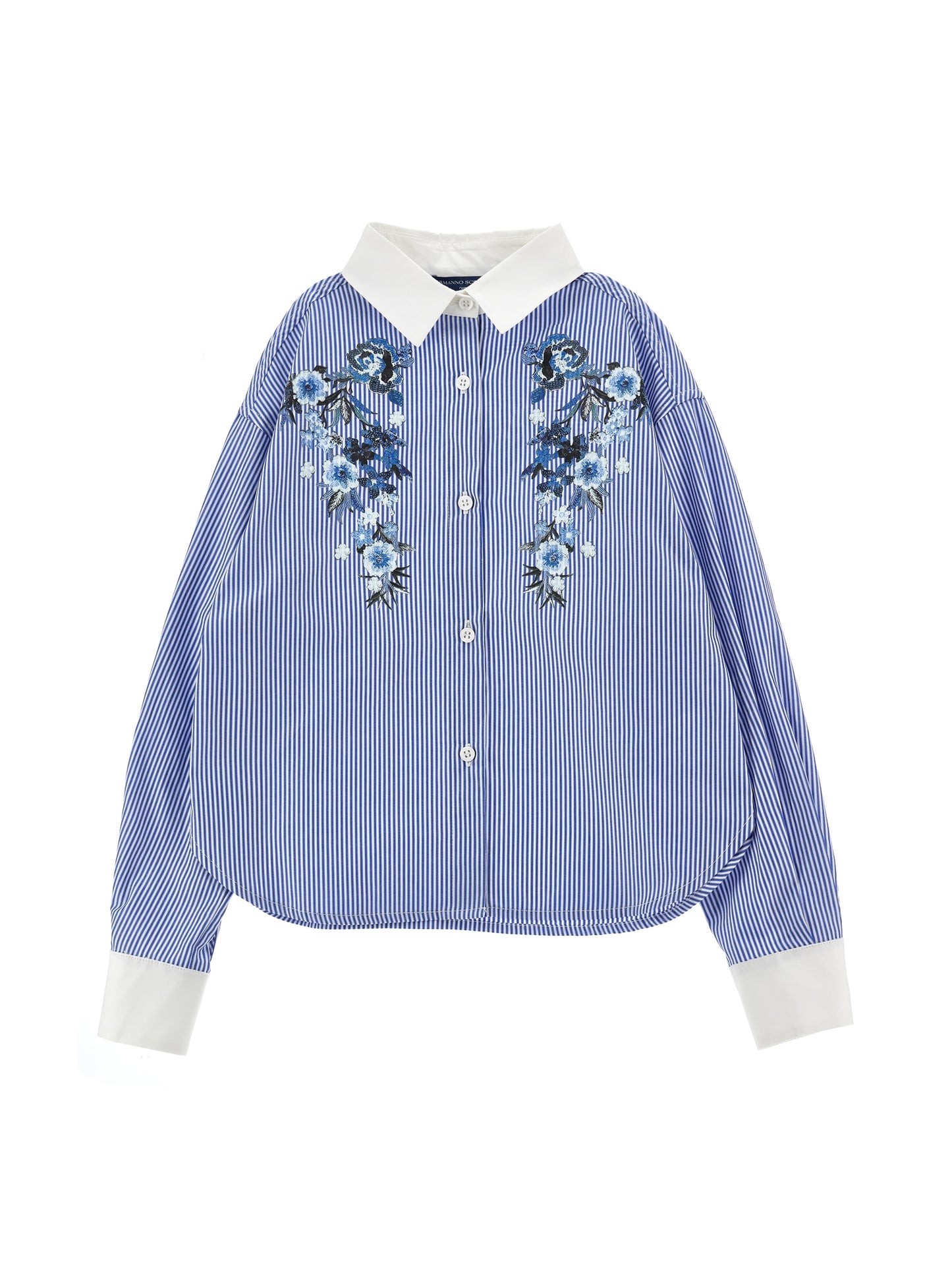 ERMANO SCERVINO BLUE PINSTRIPE EMBROIDERED BLOUSE