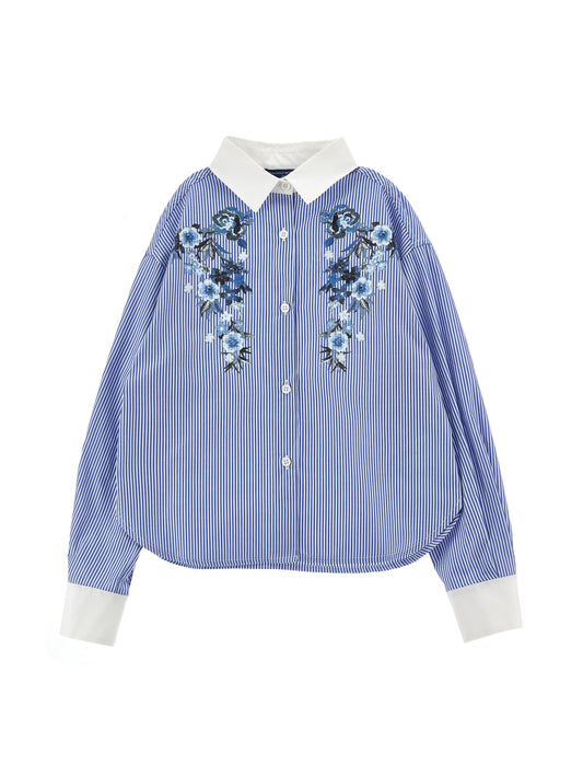 ERMANO SCERVINO BLUE PINSTRIPE EMBROIDERED BLOUSE