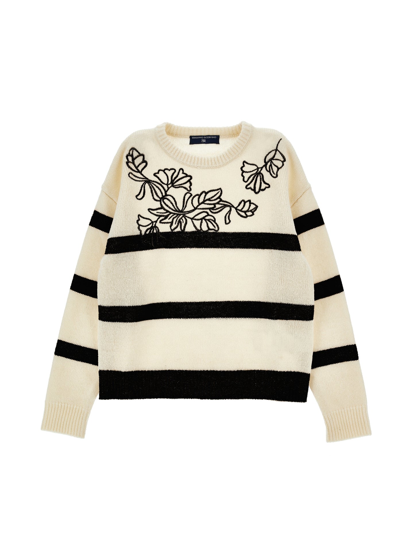 ERMANO SCERVINO WHITE/BLACK STRIPE FLOWER KNIT SWEATER