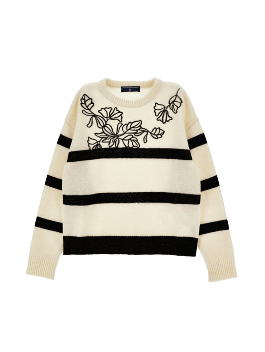 ERMANO SCERVINO WHITE/BLACK STRIPE FLOWER KNIT SWEATER