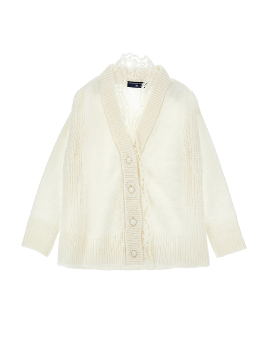 ERMANO SCERVINO CREAM KNIT LACE TRIM CARDIGAN