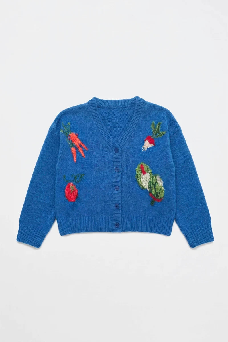 MAISON MANGOSTAN ROYAL BLUE VEGTABLE PRINT KNIT CARDIGAN
