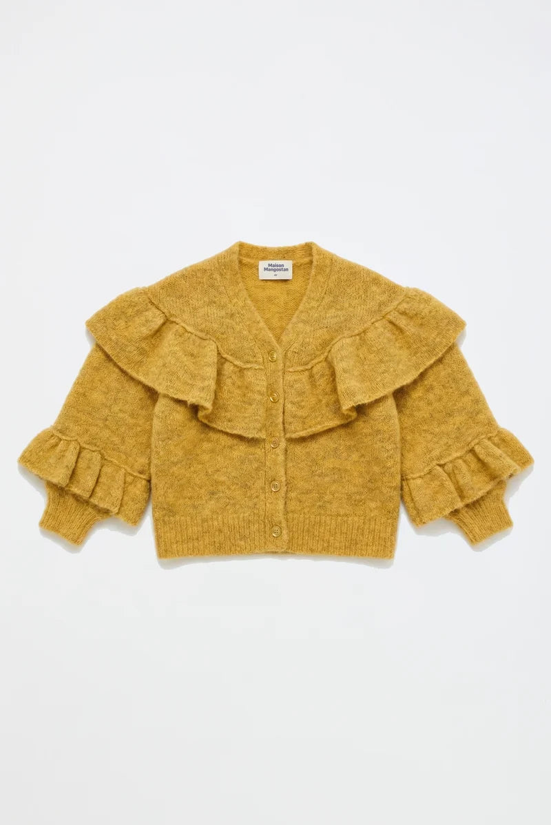 MAISON MANGOSTAN MUSTARD RUFFLE KNIT CARDIGAN