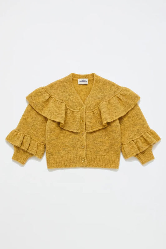 MAISON MANGOSTAN MUSTARD RUFFLE KNIT CARDIGAN
