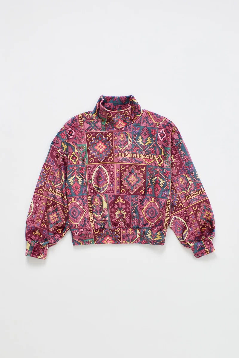 MAISON MANGOSTAN MULTICOLOR PATCHWORK PRINT MOCK NECK SWEATER