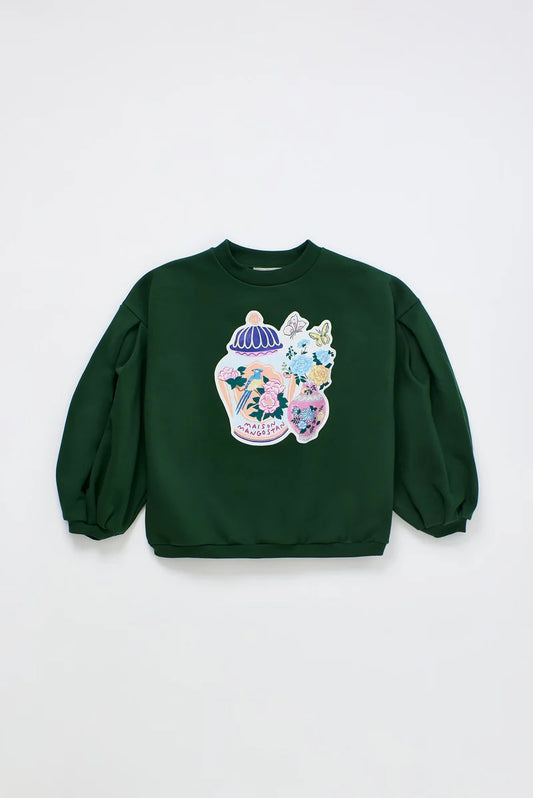 MAISON MANGOSTAN FOREST GREEN FLOWER PUFF SLEEVE SWEATER