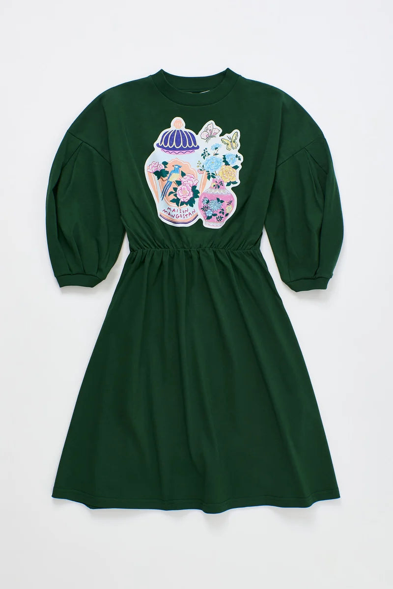 MAISON MANGOSTAN FOREST GREEN FLOWER PUFF SLEEVE DRESS