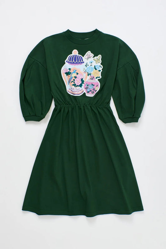 MAISON MANGOSTAN FOREST GREEN FLOWER PUFF SLEEVE DRESS