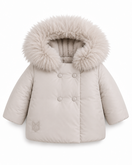 SCOTCH BONNET STONE FUR TRIM DOUBLE BREASTED PUFFER COAT