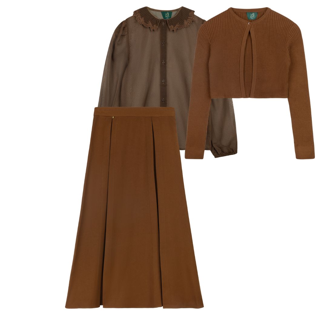 VARSITY 2.0 BROWN RIB KNIT CARDIGAN SET