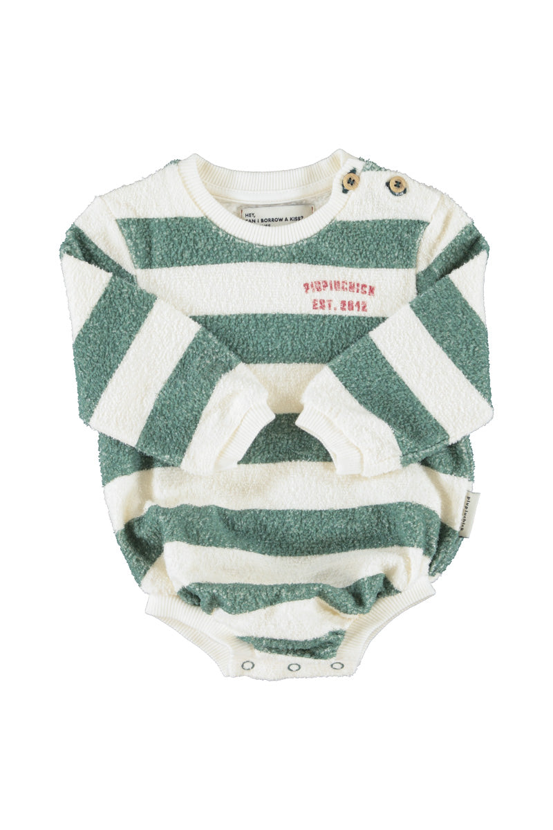 PIUPIUCHICK ECRU/GREEN STRIPED ROMPER