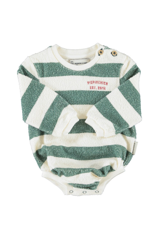 PIUPIUCHICK ECRU/GREEN STRIPED ROMPER