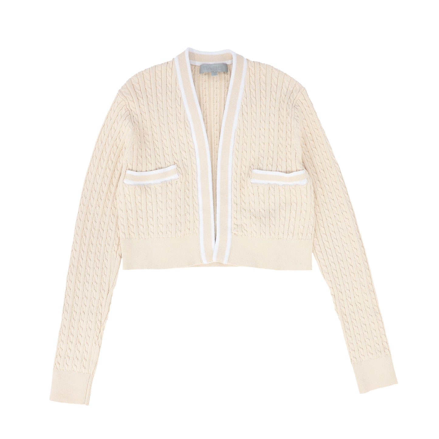 BACE COLLECTION NATURAL CABLE KNIT WHITE TRIM CARDIGAN [FINAL SALE]
