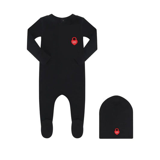 LITTLE PARNI BLACK HEART LOGO FOOTIE + BEANIE