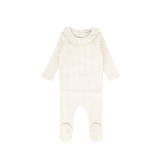 BEBE ORGANIC BIEGE POINTELLE LACE TRIM RUFFLE COLLAR FOOTIE