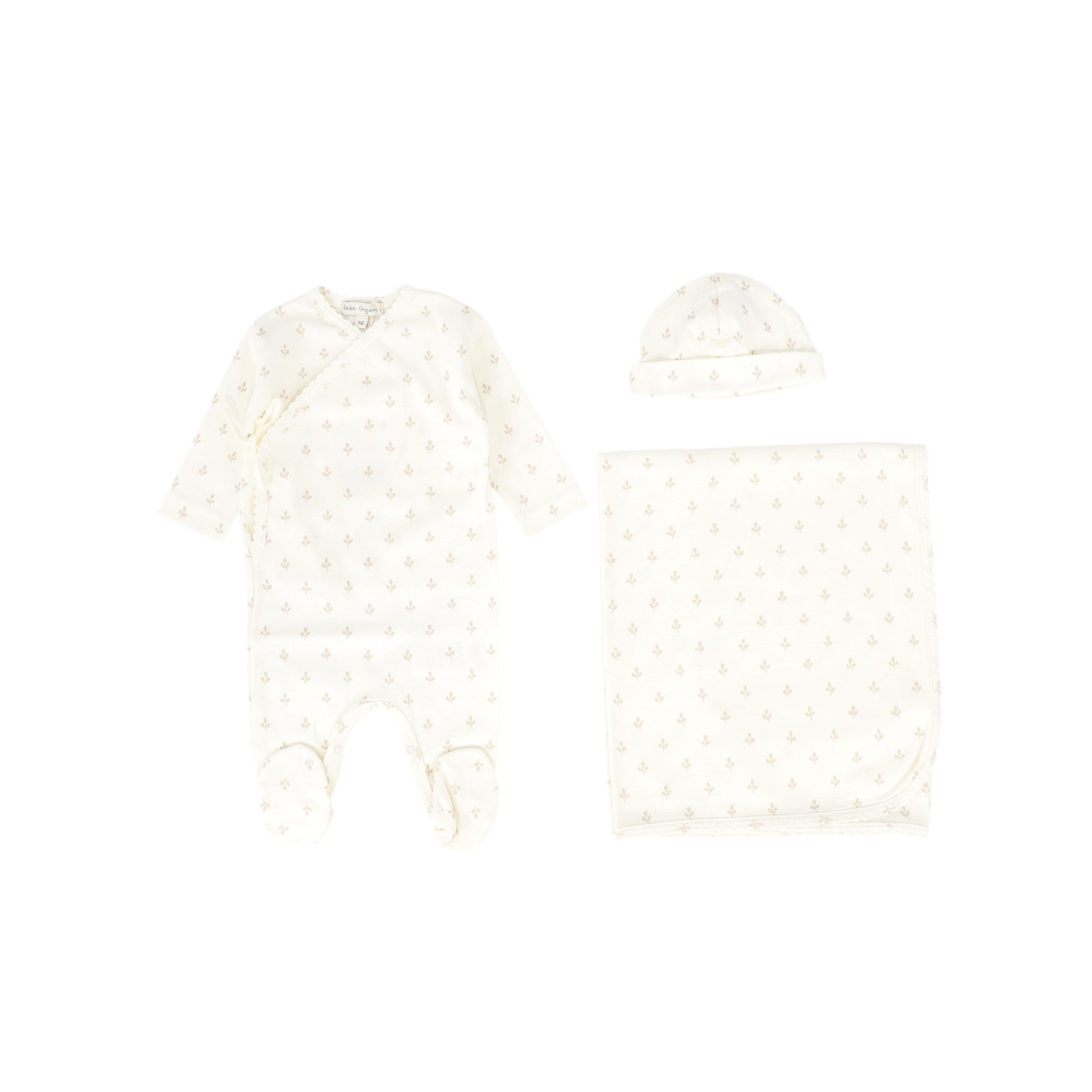 BEBE ORGANIC CREAM/TAUPE LEAF PRINT SET