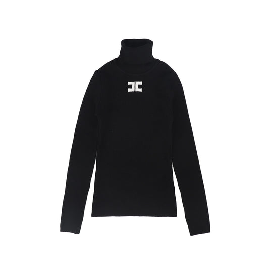 ELISABETTA FRANCHI BLACK/WHITE LOGO RIBBED KNIT TURTLENECK