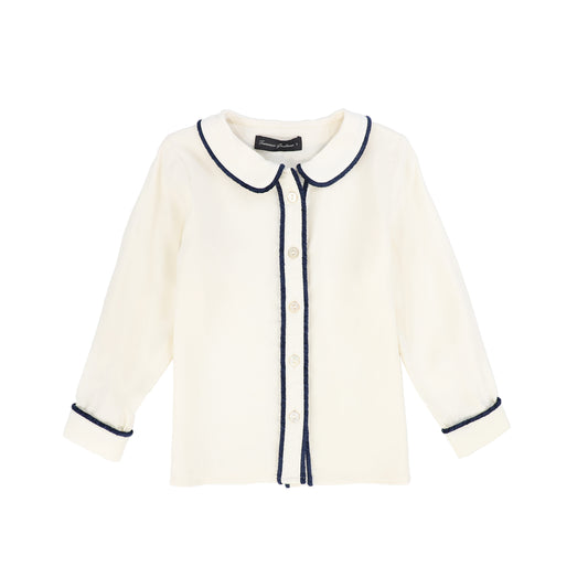 FRANCESCA GUILIANO CREAM/BLUE PIPED SILK BLOUSE