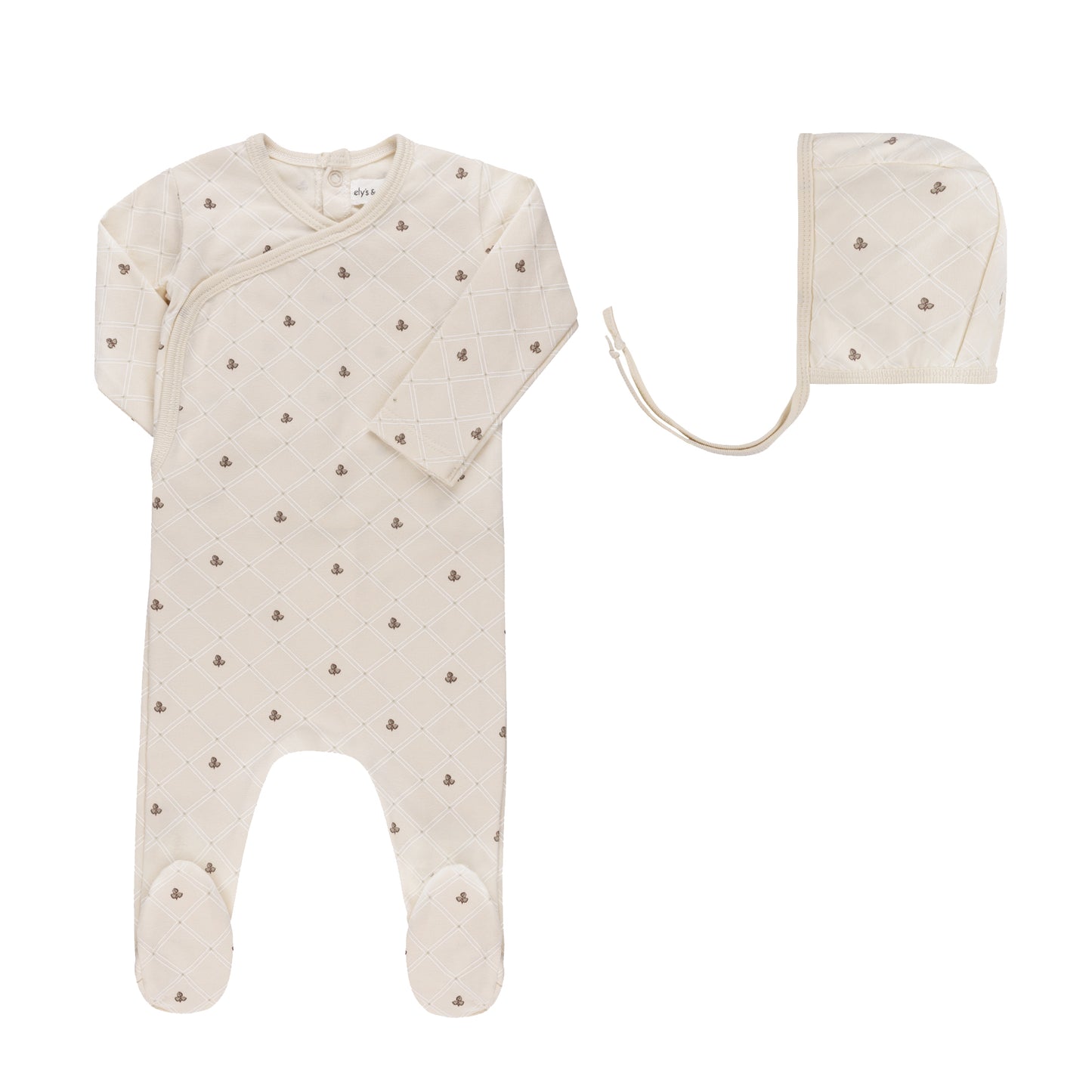 ELY'S & CO IVORY LEAF PRINT  FOOTIE + BONNET