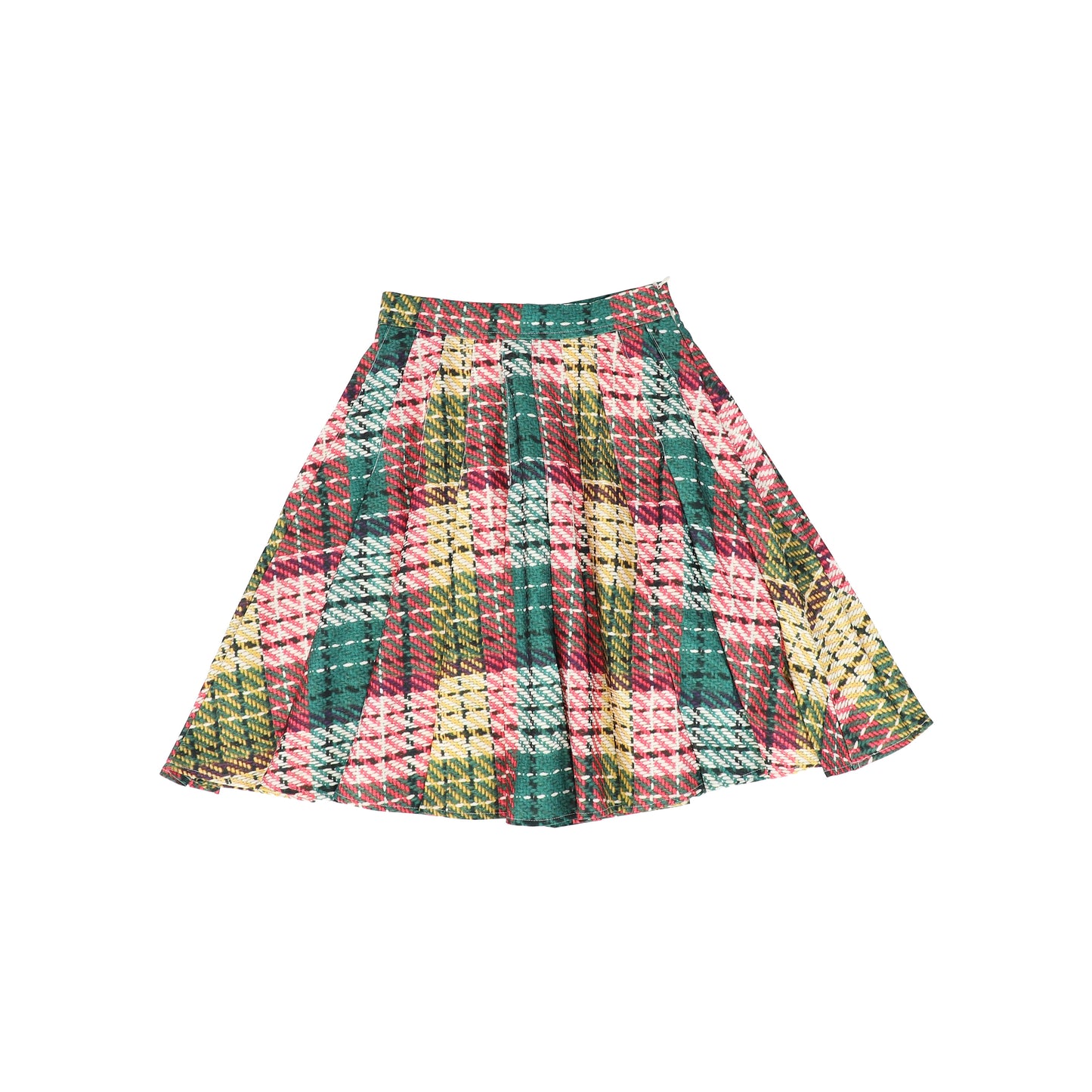 LILOU PINK/GREEN PLAID TEXTURED WOOL PLEATED SKIRT [FINAL SALE]