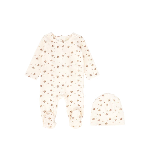 Bebe Jolee Beige Large Leaf Printed Footie With Beanie [FINAL SALE]