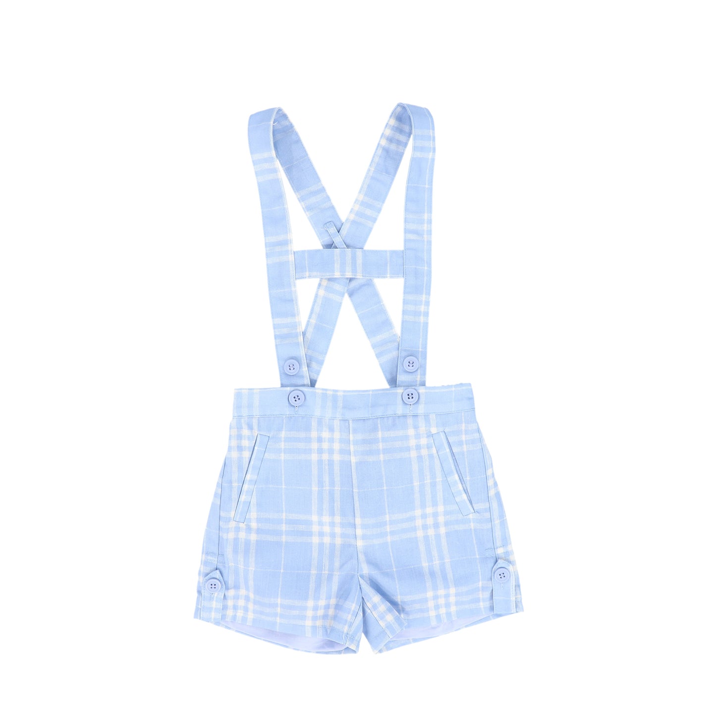 LE BOURDON LIGHT BLUE PLAID LINEN SUSPENDER SHORTS