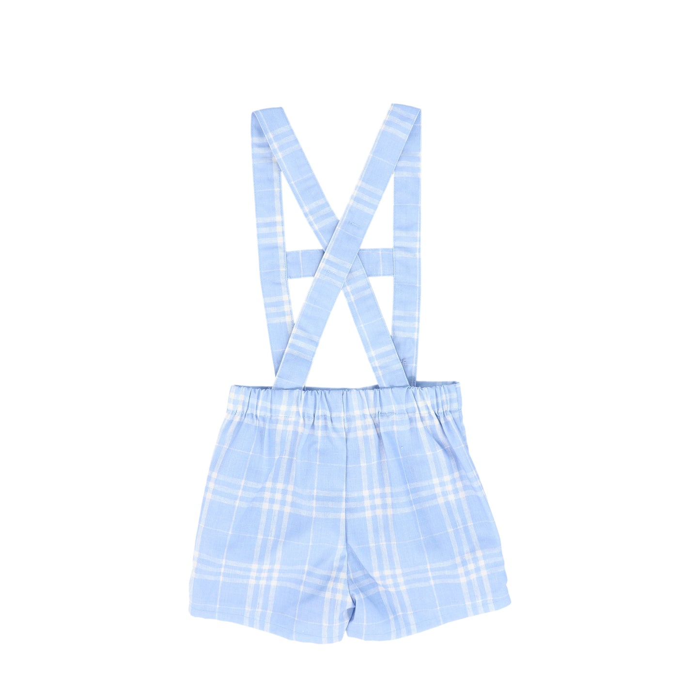 LE BOURDON LIGHT BLUE PLAID LINEN SUSPENDER SHORTS