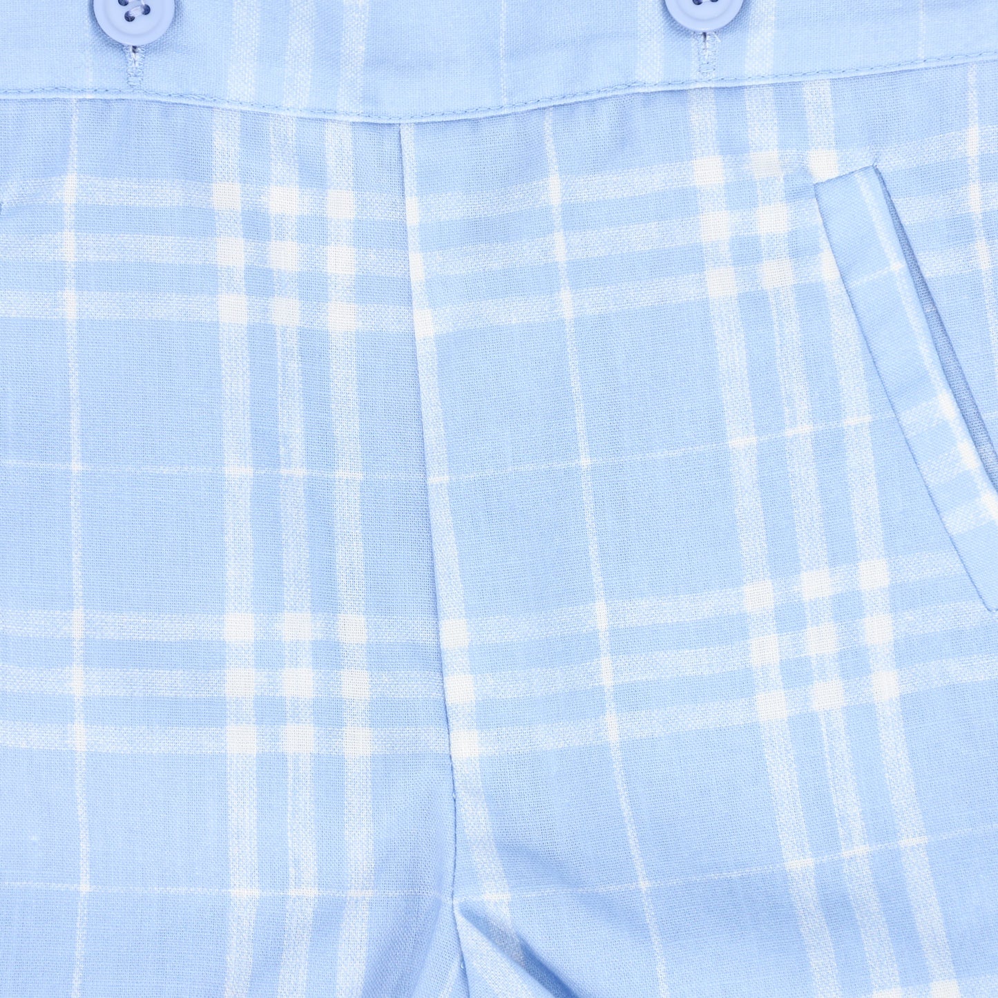LE BOURDON LIGHT BLUE PLAID LINEN SUSPENDER SHORTS