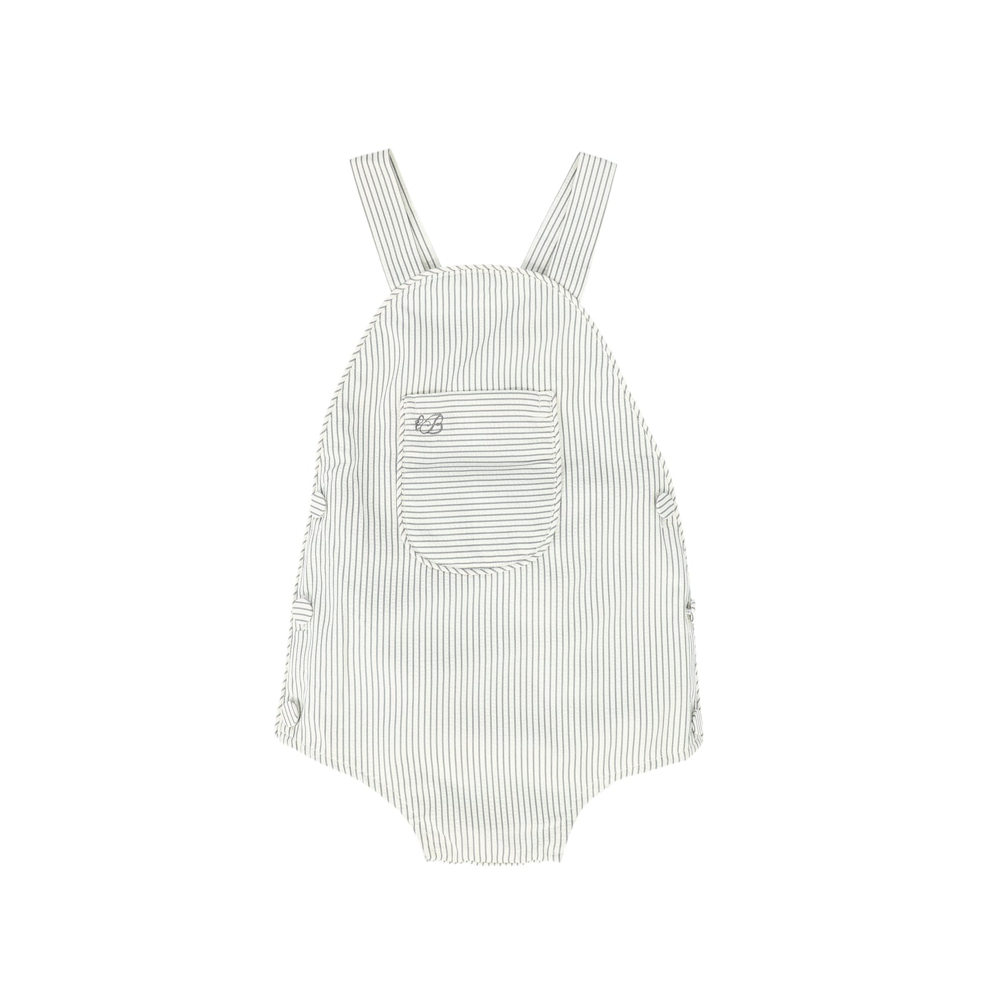 LE BOURDON DUSTY BLUE SEERSUCKER PIPED ROMPER