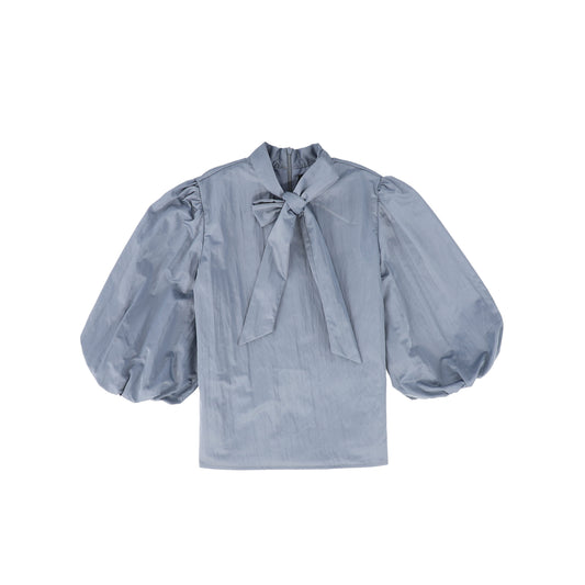 FRANCESCA GUILIANO DUSTY BLUE TAFFETA PUFF SLEEVE BLOUSE