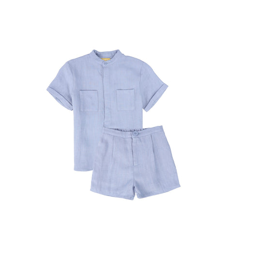 LE BOURDON BLUE TEXTURED LINEN POCKET SHIRT SET