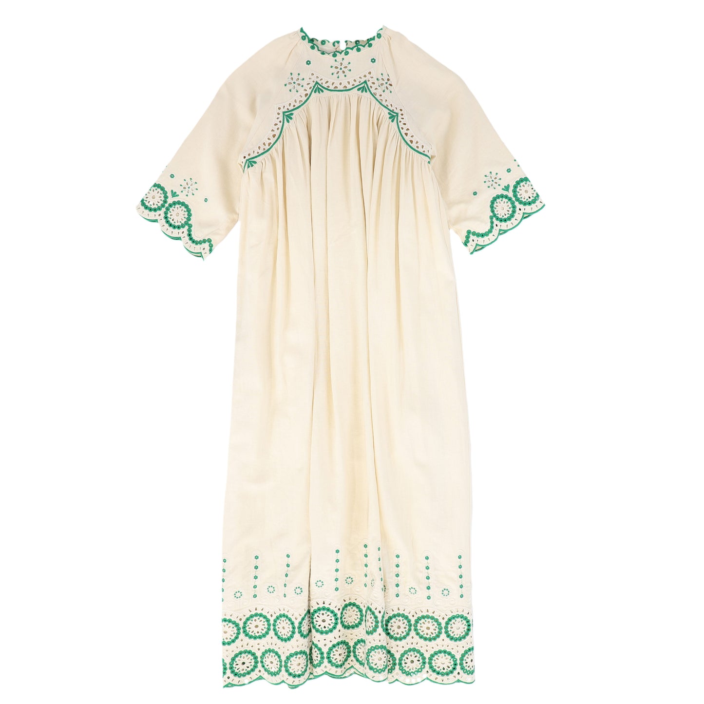 VALENTINA CREAM/GREEN EYELET EMBROIDERED DRESS