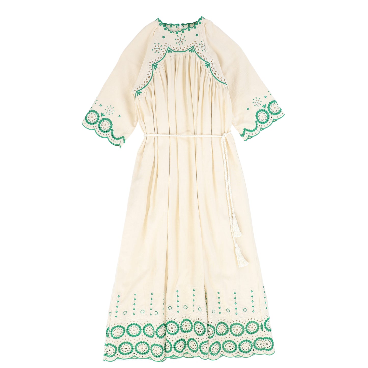 VALENTINA CREAM/GREEN EYELET EMBROIDERED DRESS