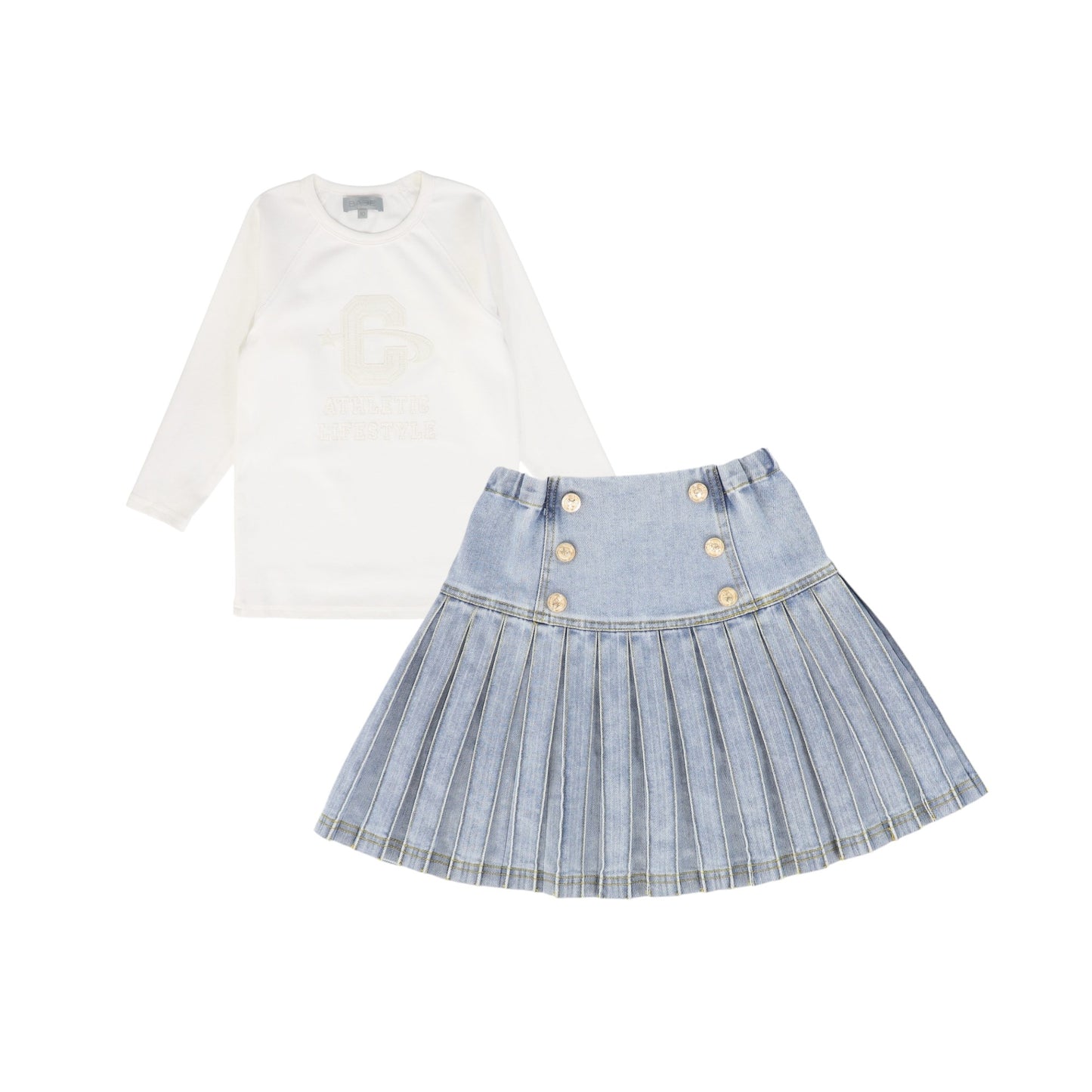 BACE COLLECTION WHITE/DENIM WASH PLEATED SKIRT SET