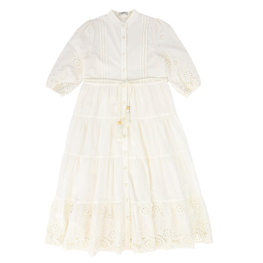 VALENTINA IVORY TIERED EYELET BUTTON DRESS [FINAL SALE]