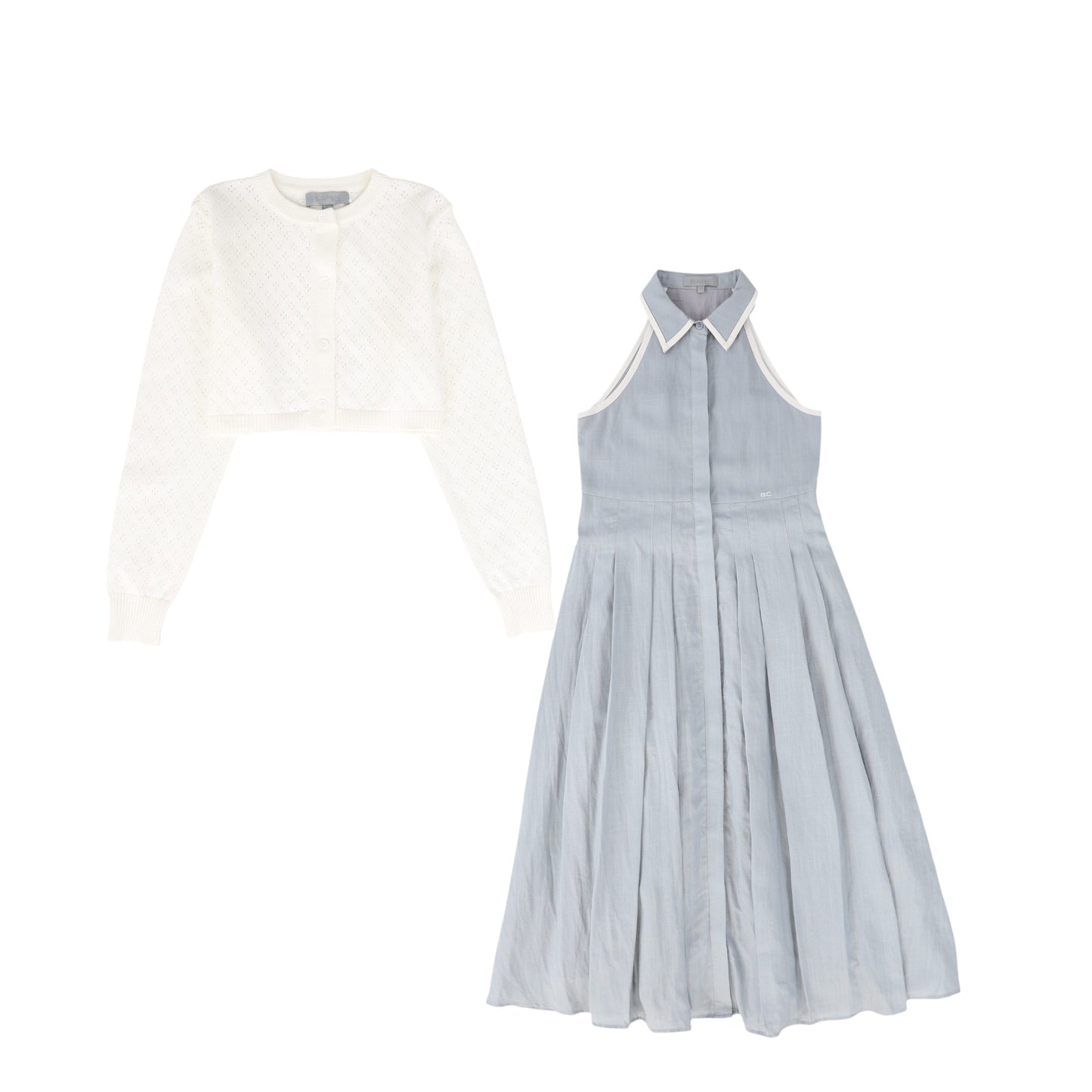 BACE COLLECTION LIGHT BLUE LINEN TRIM COLLARED DRESS SET