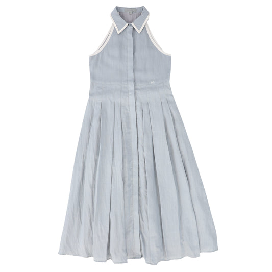 BACE COLLECTION LIGHT BLUE LINEN TRIM COLLARED DRESS