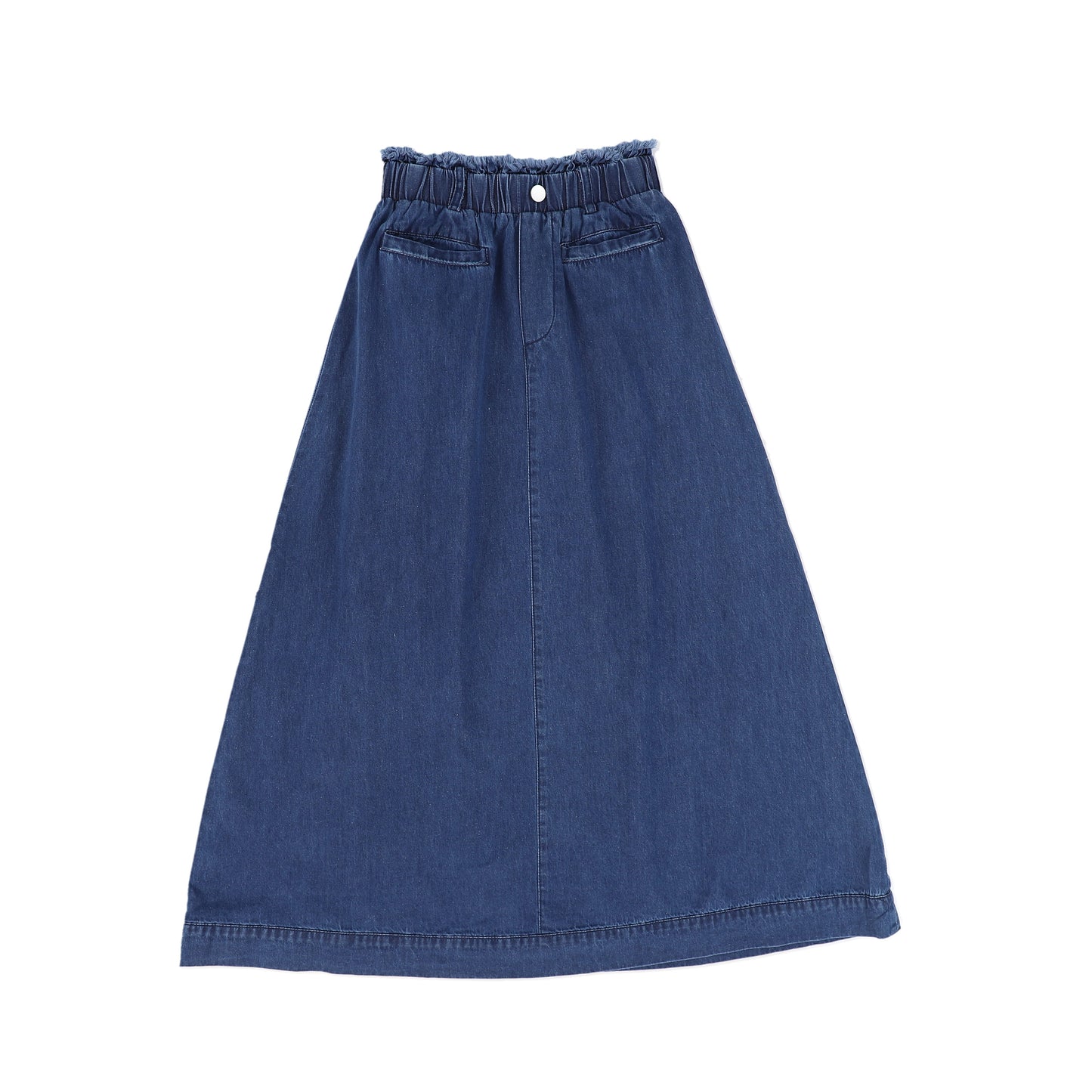 BACE COLLECTION MID BLUE DENIM FRINGE MAXI SKIRT