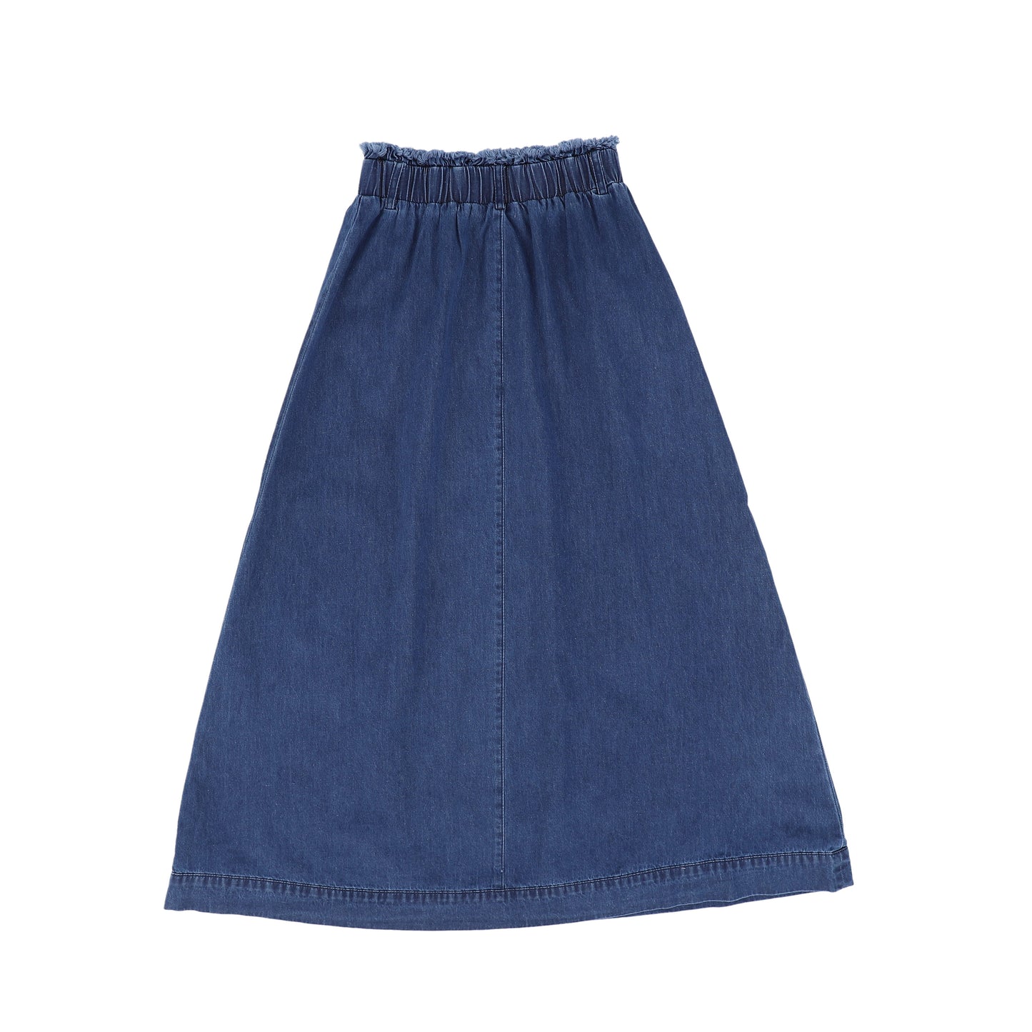 BACE COLLECTION MID BLUE DENIM FRINGE MAXI SKIRT