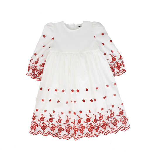 LILOU WHITE/RED EMBROIDERED EYELET HIGH WAISTED DRESS