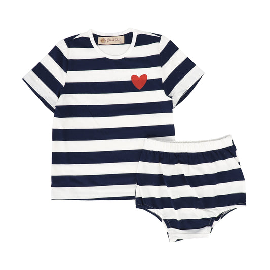 PHIL AND PHOEBE NAVY PIQUE STRIPED HEART TEE AND BLOOMER SET [FINAL SALE]