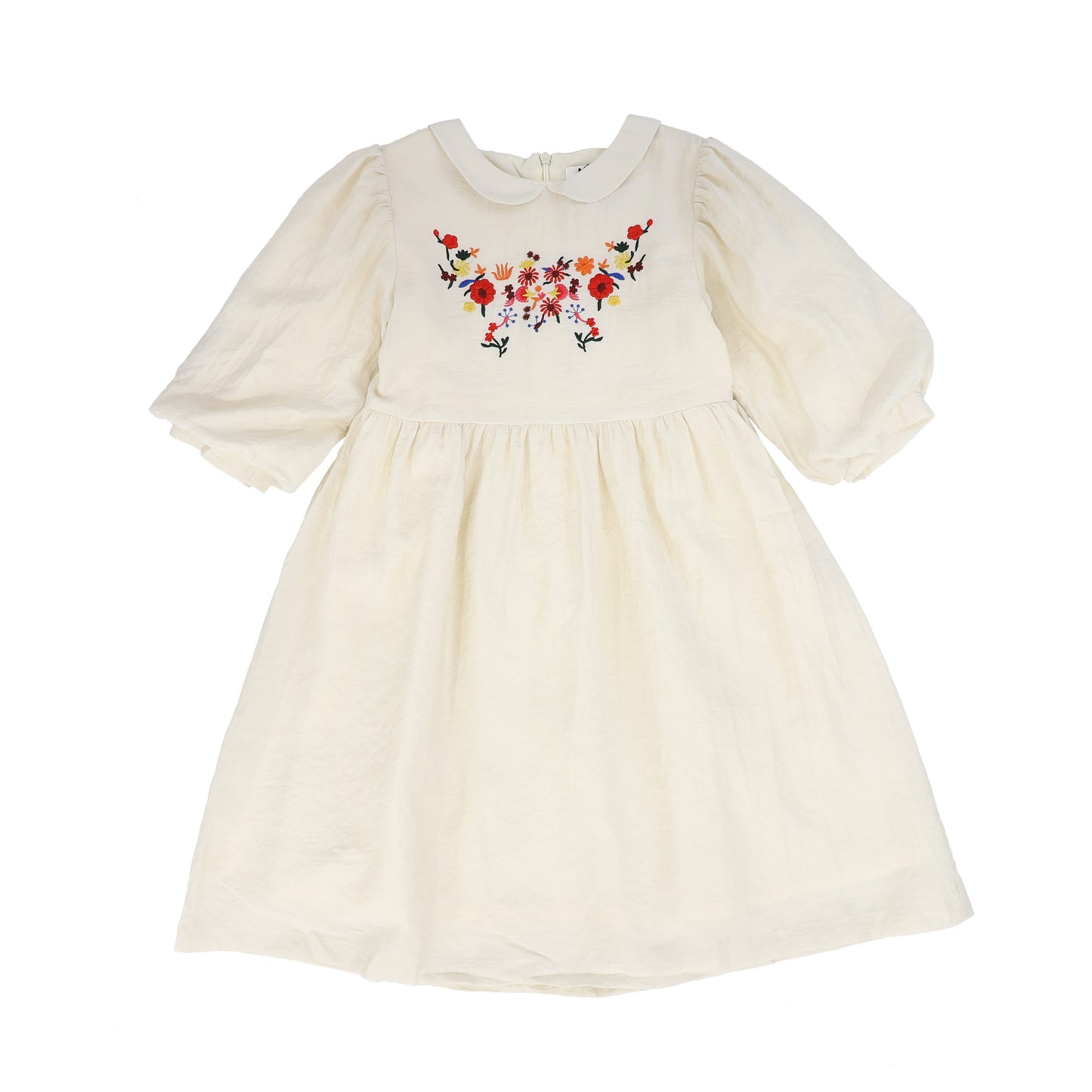 LILOU BEIGE FLORAL EMBROIDERED PUFF SLEEVE DRESS