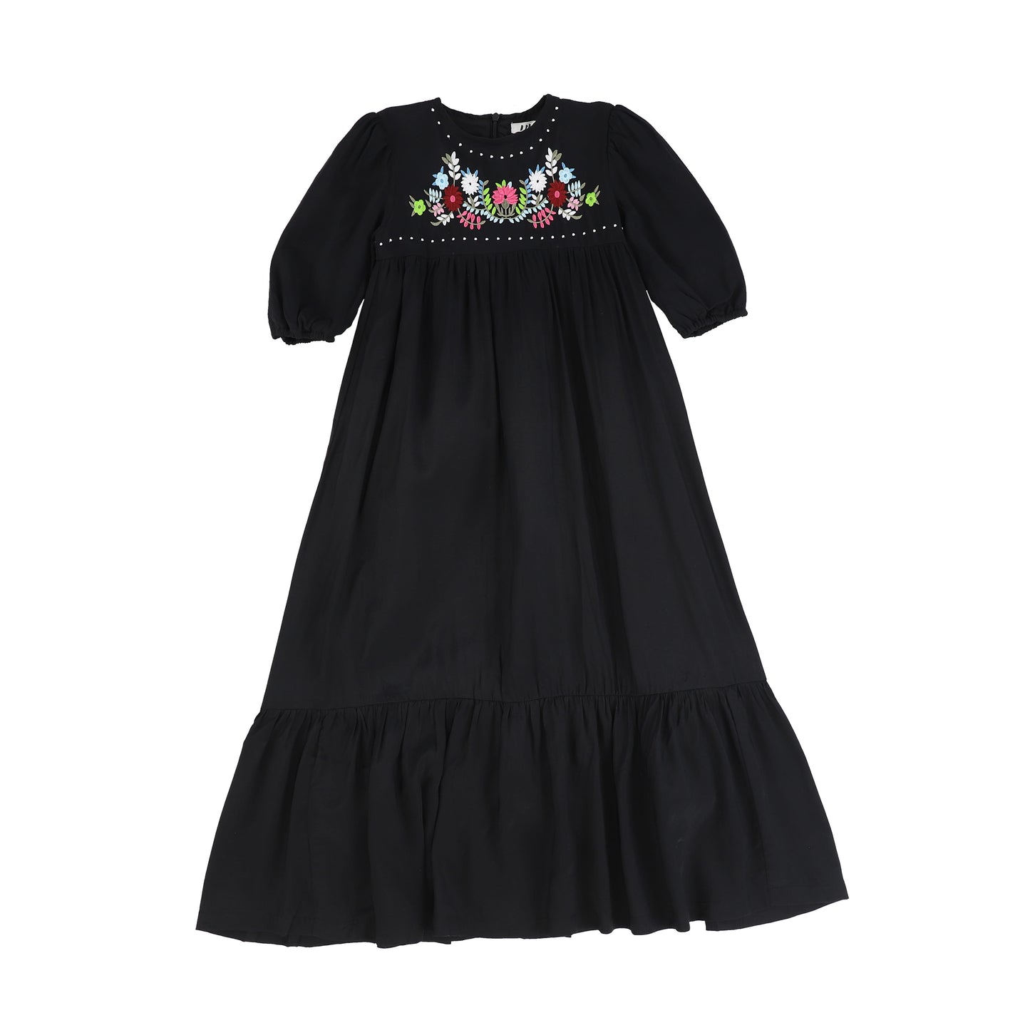 LILOU BLACK EMBROIDERED FLORAL TIERED MAXI DRESS