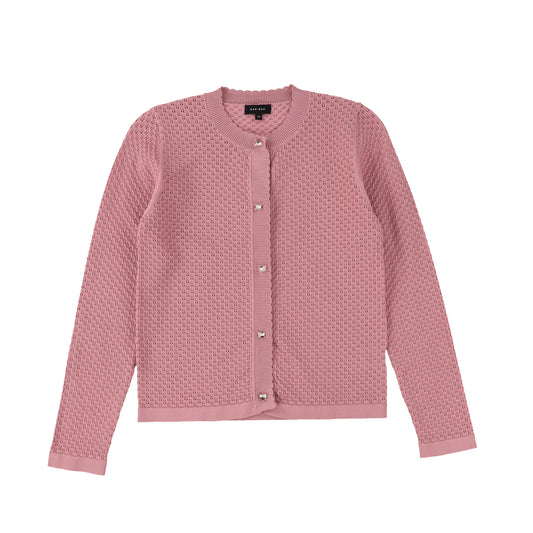 BAMBOO PINK POINTELLE KNIT BUTTON CARDIGAN